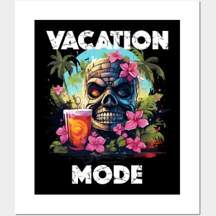 Tiki Statue Next To Beer - Vacation Mode (White Lettering) Posters and Art